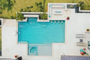 Overhead View of Custom Swimming Pool, Spa & Outdoor Living Area - Claffey Pools