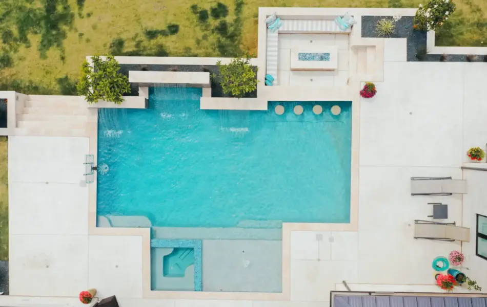 Overhead View of Custom Swimming Pool, Spa & Outdoor Living Area - Claffey Pools