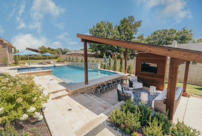 Unique Curved Wall With Step Down Outdoor Living Space