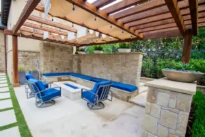 wooden arbor above outdoor seating area