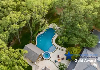 Bird's eye-view of freeform pool with integrated spa and outdoor living area under cabana